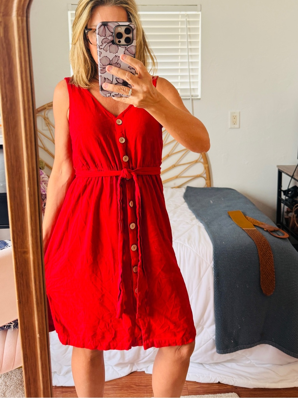 Red Classic Button Front Tie Waist Summer Dress